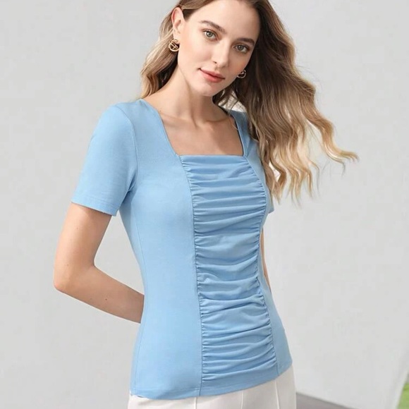 Shein Sky Blue Ruched Square-Neck Blouse XS - Picture 2 of 4